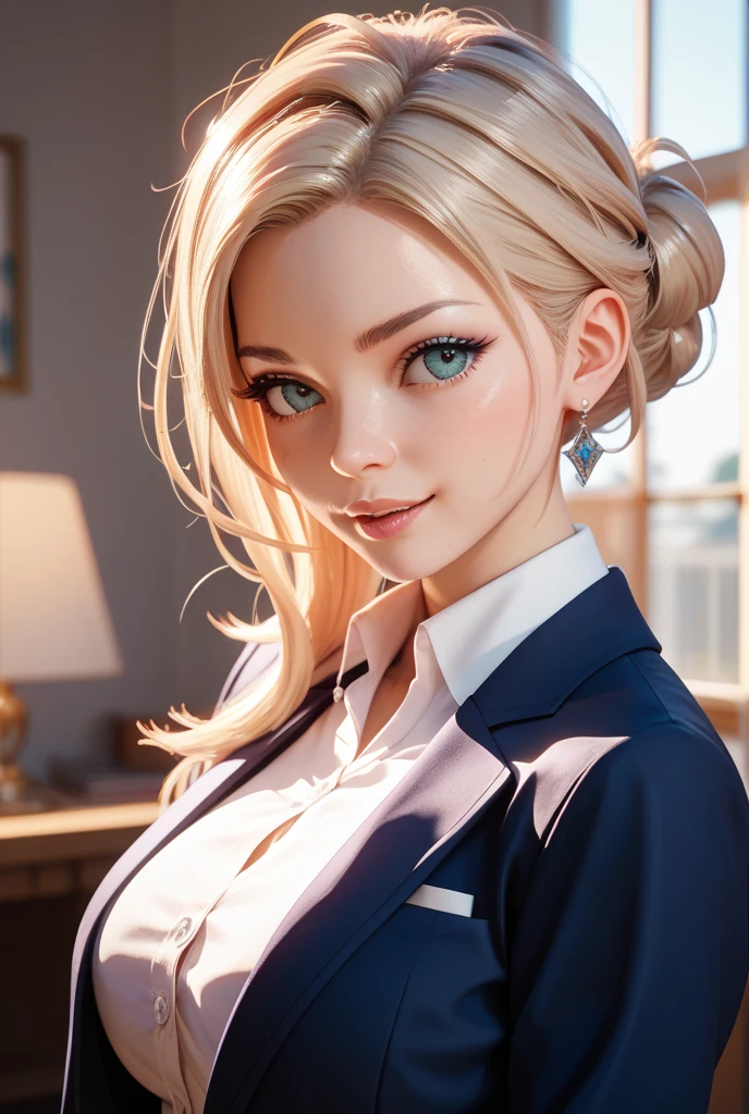 (masterpiece, best quality, ultra-detailed, highres, best illustration), perfect face, sidelighting, lustrous skin, (shine), ray tracing, 1girl, white skin (adult) female, solo, office background, elegant office worker, looking at viewer, big breast, cleavage, droopy eyes, blue eyes, long blonde hair, (side-swept bangs), wearing light blue blazer, graceful expression, depth_of_field, very detailed background, beautiful detailed eyes, perfect lighting , perfect anatomy, (extremely detailed illustrated 8k), vivid colors, extreme light and shadow, shine, dynamic angle