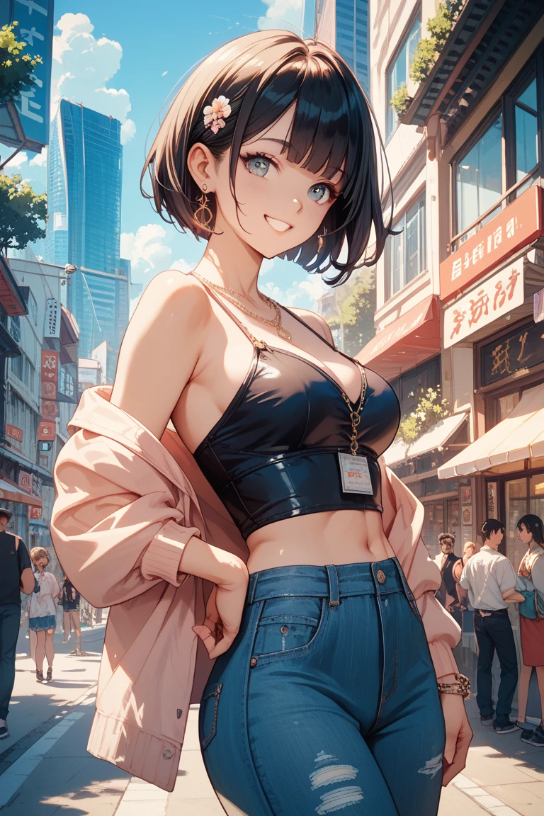 1lady solo, (strolling through city), (stylish outfit) (chic and sporty attire), mature female, /(brown hair/) bangs, kind smile, (masterpiece best quality:1.2) delicate illustration ultra-detailed, large breasts BREAK (holding designer's bag) BREAK (populous downtown) outdoors, noon, crowded, detailed background