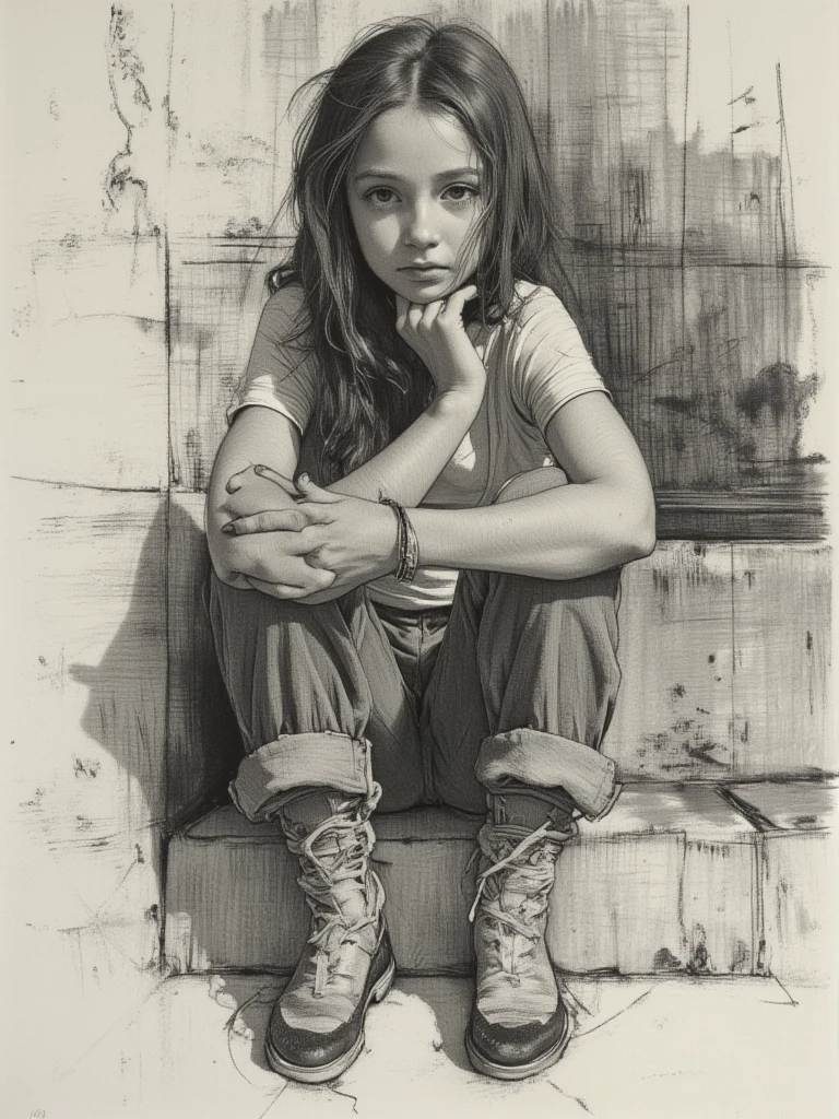 (Graphite drawing: 1.3), (Girl sitting cross-legged on mountain of old newspapers in basement), (She's wearing denim suspenders), young wild asian face, A bit of a mixed race face, (closure), (Slightly square chin: 0.4), Messy extra-long hair, (Lazy), A bit like Vivian, perfect face, Slightly narrowed slender eyes, sports shoes,
background: The dilapidated walls are covered with many old newspapers,
90's anime style, Bold silhouettes, Graphic arts, line art, black and white, line art with pen pressure, Pen pressure sketch, Calligraphy pen with pen pressure, G pen style,With pen pressure, Hand drawn thick lines, high contrast, IG model,