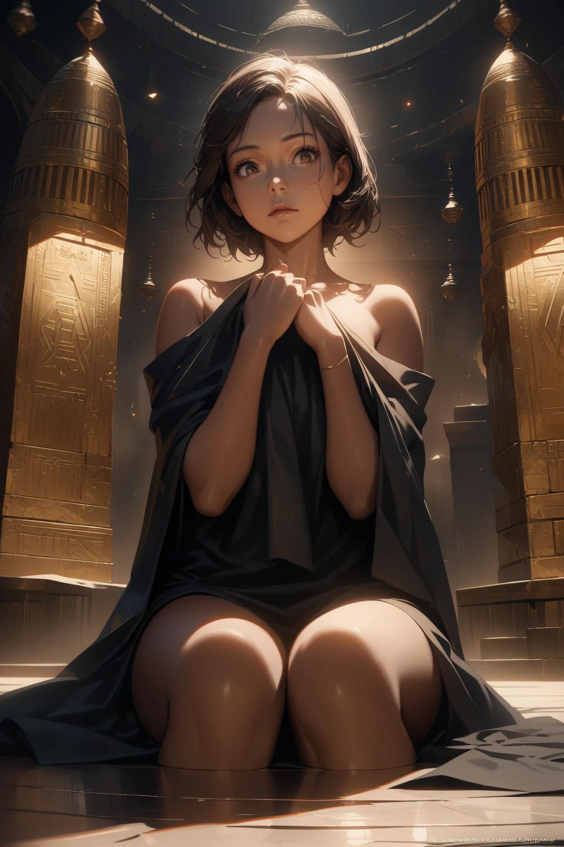 ((aeolian)), 1 girl, beautiful face, Princess, ((naked)), full body view, very long loose black hair, no underwear, slim body, long legs, shiny skin, fantasy temple interior landscape, bare feet, ((leaning over)), spread butt cheeks
