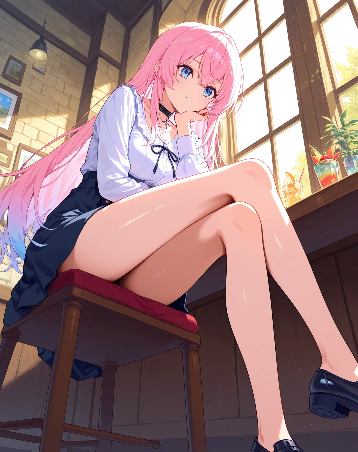 Cross your legs、Thick white scruffy high socks、sole of foot