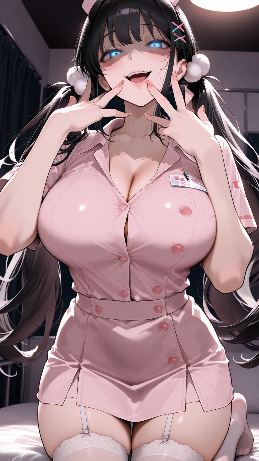 ((masterpiece)),(((Highest quality))),(Magazine Cover)Thick thighs,American Girl,smile,((Between the breasts)),((Wearing a nurse's uniform and nurse's cap)),Shirt half lift,milking