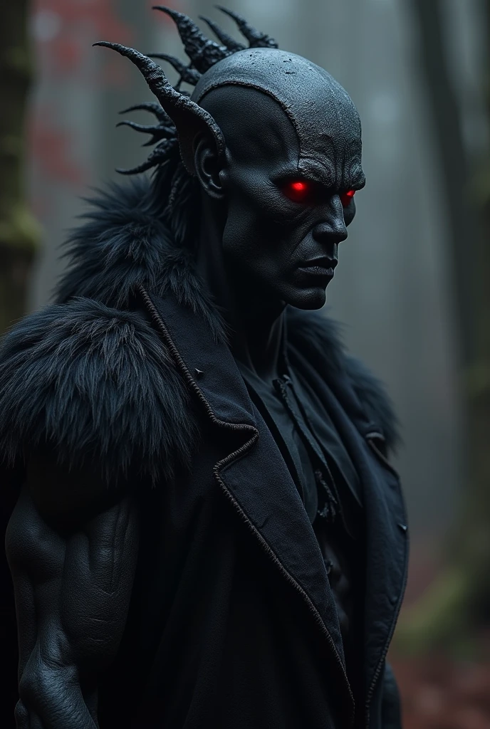 Gray-skinned humanoid alien, humanoid face covered by a gray hood showing only yellow eyes, brawny, wearing a black overcoat with dark blue details