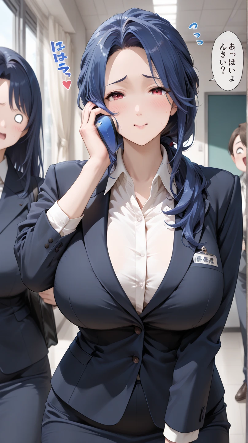 absurderes, 8K ,A high resolution, Ultra detailed, Beautiful, Masterpiece, Best quality, (Beautiful and delicate silver eyes), (3girl) ,Three sexy beautiful young women in office OL (Office Lady),white button-down blouse,There is a collar,Black Slit Skirt,(Black pantyhose),Long legs ,Detailed legs,High heels,Side ponytail , bangs,full bodyesbian,Big breasts,cleavage,Green hair,Blue hair,Pink hair,