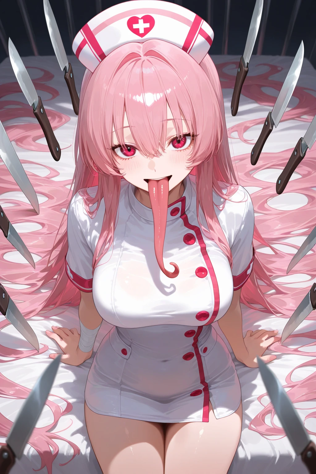1girl, breasts, nipples, blood, solo, pink_hair, thighhighs, nude, long_hair, blood_on_face, smile, knife, black_thighhighs, large_breasts, navel, pink_eyes, looking_at_viewer, choker, holding_knife, holding, twintails, ass_visible_through_thighs, collarbone, indoors, yandere, blush, sitting, thigh_gap, blood_splatter, bangs, grin, sidelocks, weapon