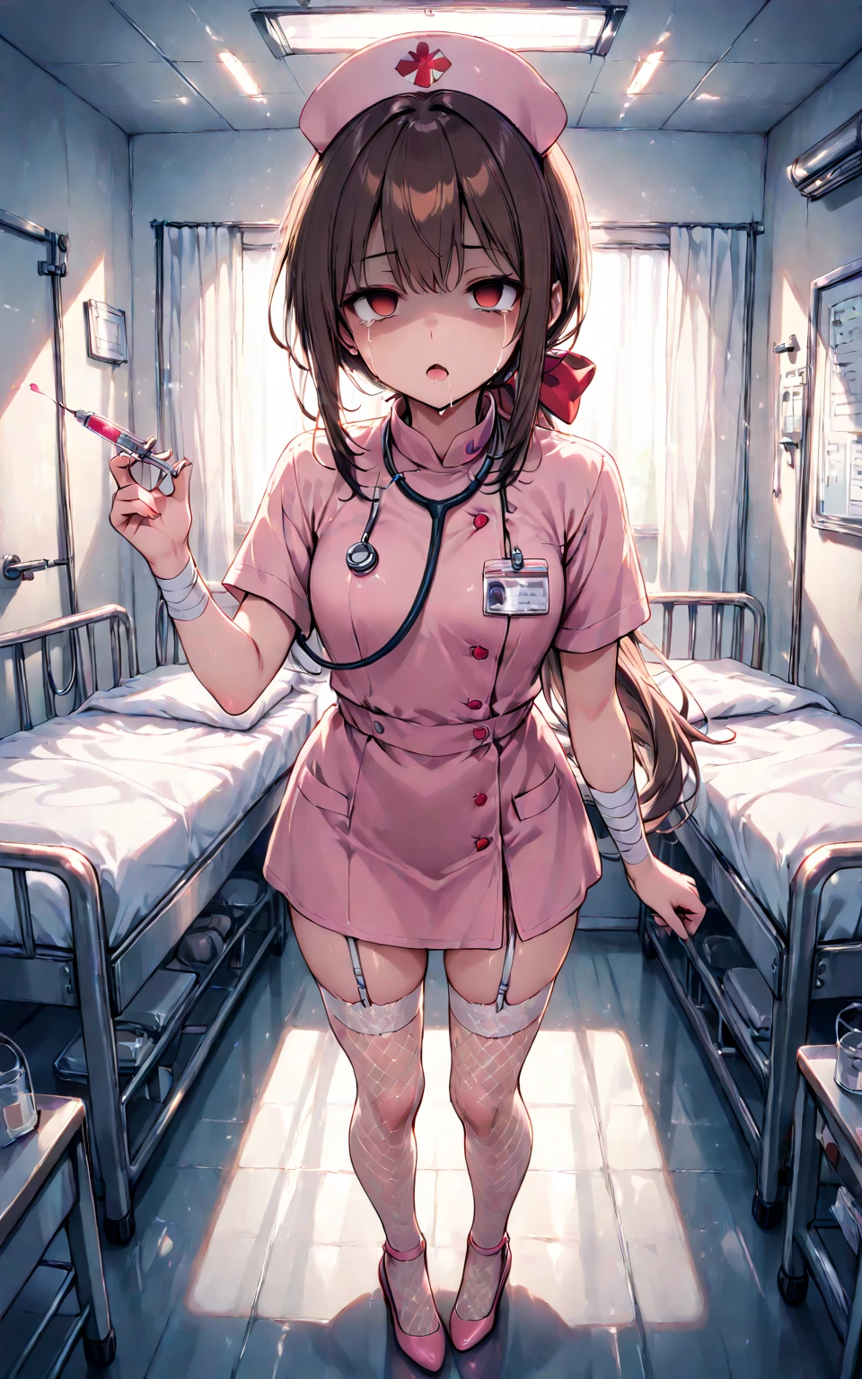 Two female nurses, two sleeping nurse girls, sleeping on a hospital bed, charging with wires plugged in their bodies, with drop bottles, hanging needles, in drug infusion, 16 years old, wearing medical auscultation instruments, sexy sleeping posture, seductive pose, dynamic pose, dynamic shot, alloy medical cuirass, with a lot of bandages wrapped around her waist, medical bandages binding wounds, she is wearing sexy lace nurse trousers, wearing pink up lace nurse pajamas, brown hair, semi-mechanical pajamas, nurse cap, sexy mecha medical machine set, Latex full-body tights, black silk, next to a lot of medical surgical props and drugs, huge cross medicine box next to it, huge test tubes, on the bed in the hospital operating room,