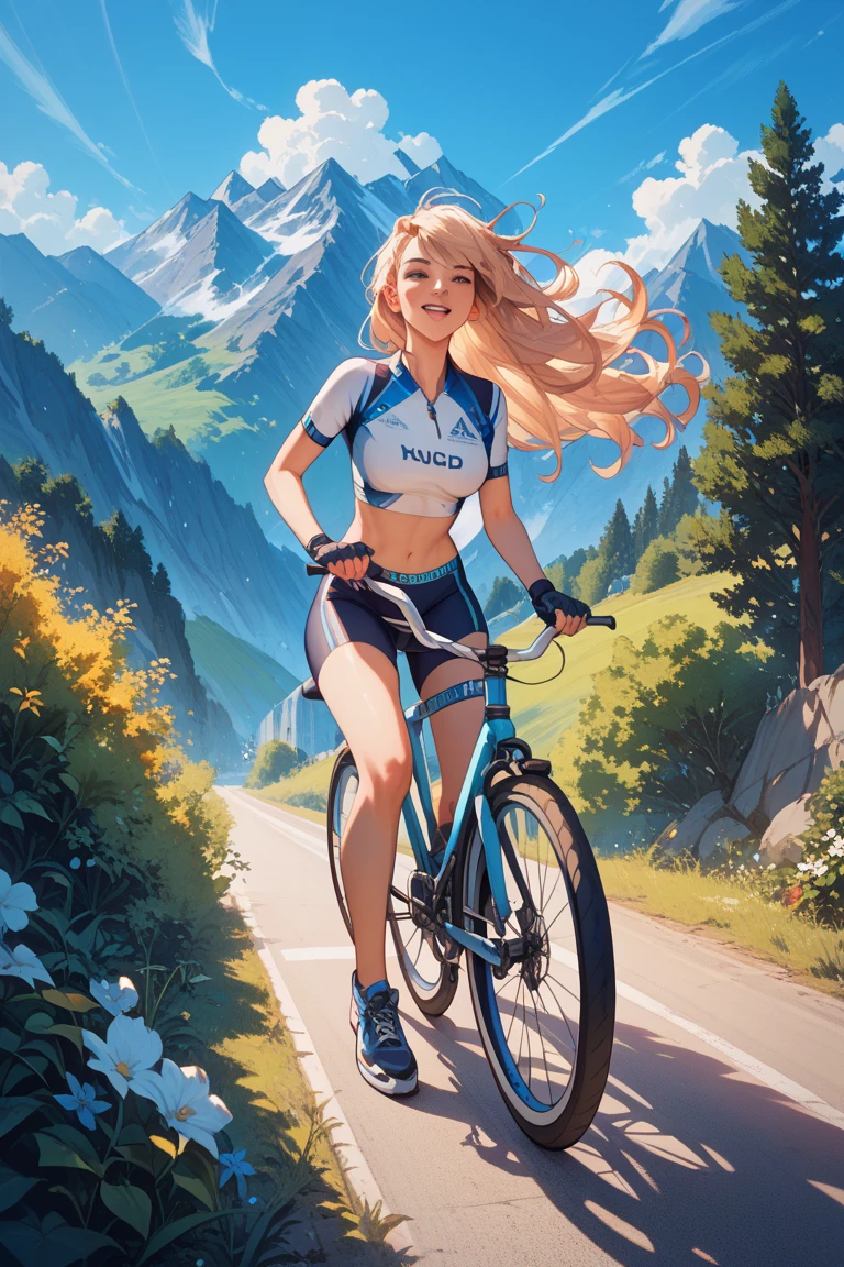 Masterpiece, high quality, 8k, ultra detailed, (Cute innocent white 12 year old), long messy blonde hair, blue eyes, (cycling), cycling helmet, (huge round breasts), (pink nipples), standing next to a mountain bike, outdoors,on a forest trail, meadow, shadows, smiling, happy, sunny day, sweating, hot day, shirt lift,
