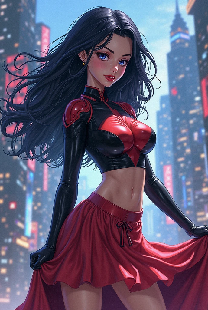 Angelina Jolie Harley Quinn of DC Comics beautiful Hungarian woman, intricately decorated, realistic rendering Character design, photorealistic, unreal mechanism, hyperdetailed. ((best quality)), ((masterpiece)), ((realistic)), (detailed), close-up portrait, full-body portrait, blue eyes, black and red costume, highly detailed skin and hair, looking at the viewer, stunning gradient colors, sadistic smile, detailed background, city at night, detailed mouth, incredibly detailed, ((masterpiece)), absurdities, HDR.
