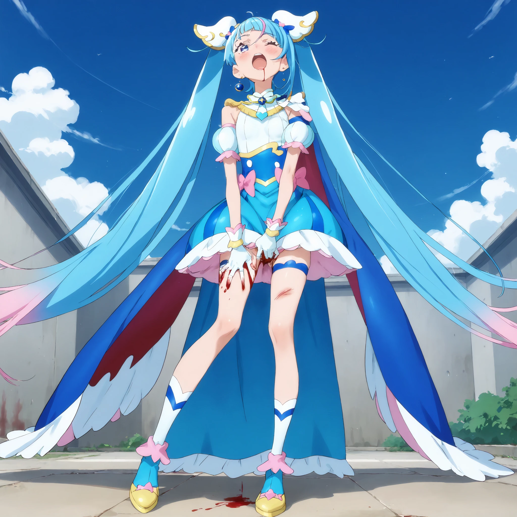 curesky,clear sky,outdoors,[Hirogaru Sky Precure],((solo)),((skinny girl)),((slender body)),((slim thighs)),((thin tight white panties)),((solo)),((blush curesky grabbing own crotch)),((knees together feet apart)),bent over,head back,bouncing unaligned breasts,twitching, closed one eye,  ,her receives a shock in the groin,open mouth,   ((bruises thighs)),((red blood)),(blood from mouth),