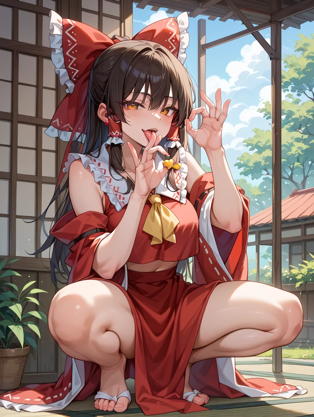 score_9, score_8_up, score_7_up, score_6_up, score_5_up, score_4_up, 1girl, touhou, hakurei reimu, small breasts, extremely skimpycosplay, bare shoulders, vaginal, (pectoral bulge:1.2), <lora:bulgepecXLP-v1-000002:0.8>large dildo, object insertion, upper body, pussy juice, beautiful scenery, rural[::1], 
<lora:Line Art Style LoRA XLL:0.6>