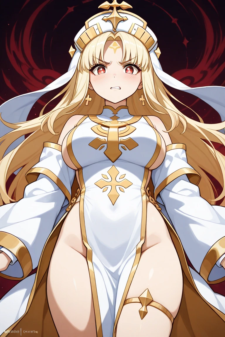 Ereshkigal(Fate Grand Order), Cinematic lighting, colorfull, blonde Hair, long hair, Red eyes, bare arms, medium breasts, slim and sexy body, bare legs, thighs, slim and sexy body, mature female body, Belly, slim waist, simple background, bedroom settings, beautiful eyes, nipples, areola nipples, belly, ((((having sex))), (((1girl, 1Boy having sex))), having sex with muscular handsome boy, Amazing big and long Penis, creampie, (((Thigh sex)), NSFW.