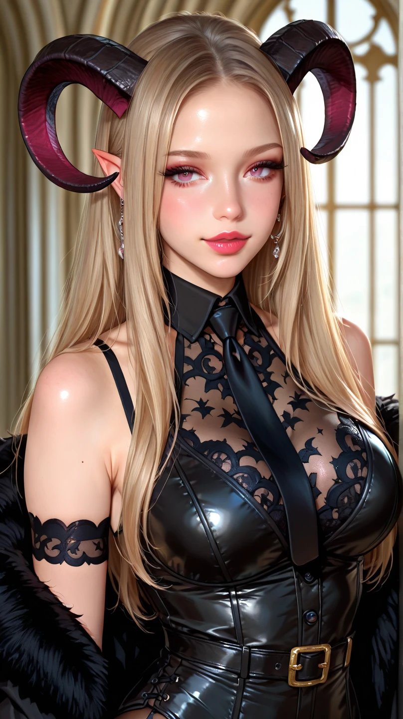 In a masterful display of artistic prowess, Lucifer from Helltaker emerges as the focal point of a hyper-realistic 8K human portrait. Clad in a formal suit featuring a striking red shirt, black pants, and a matching black necktie, she commands attention with her serene expression and captivating smile, her gaze fixed directly upon the viewer. She has the face of ((https://images.fineartamerica.com/images/artworkimages/mediumlarge/3/1-gorgeous-blonde-with-big-breasts-mihai-b.jpg)). Her eyes, almond-shaped and bewitching, mesmerize with their striking red crimson irises, framed by gracefully arched eyebrows and thick, voluminous lashes that curl upwards. Luxuriant waves of light-white hair cascade around her, catching the light in subtle platinum highlights, while her smooth, porcelain-like skin radiates a subtle glow, suggesting vitality and allure, an elegant mix of botanical and geometric patterns that enhance her already captivating presence. Her attire, a black dress and a choker around her neck, serves to underscore her beauty and sophistication. Standing tall and confident, Lucifer possesses very large bosoms, fitting into an I-sized cup, (mature female, milf:1.3). Rendered with meticulous attention to detail and realism, this portrait captures every nuance of Lucifer's appearance, from the delicate contours of her face to the subtle textures of her clothing and skin. Set against a deep matte black background, she stands as a timeless symbol of beauty and allure, her dynamic pose and perfect anatomy drawing the viewer into her world. This high-resolution masterpiece transcends mere artistry, offering a glimpse into the depths of Lucifer's character and personality. With its cinematic composition and meticulous attention to detail, it stands as a testament to the artist's skill and vision, a true masterpiece in every sense of the world. full body. large breasts, heavy makeup, detailed Tokyo street , smile, white hair, blush, eyeliner, white lips