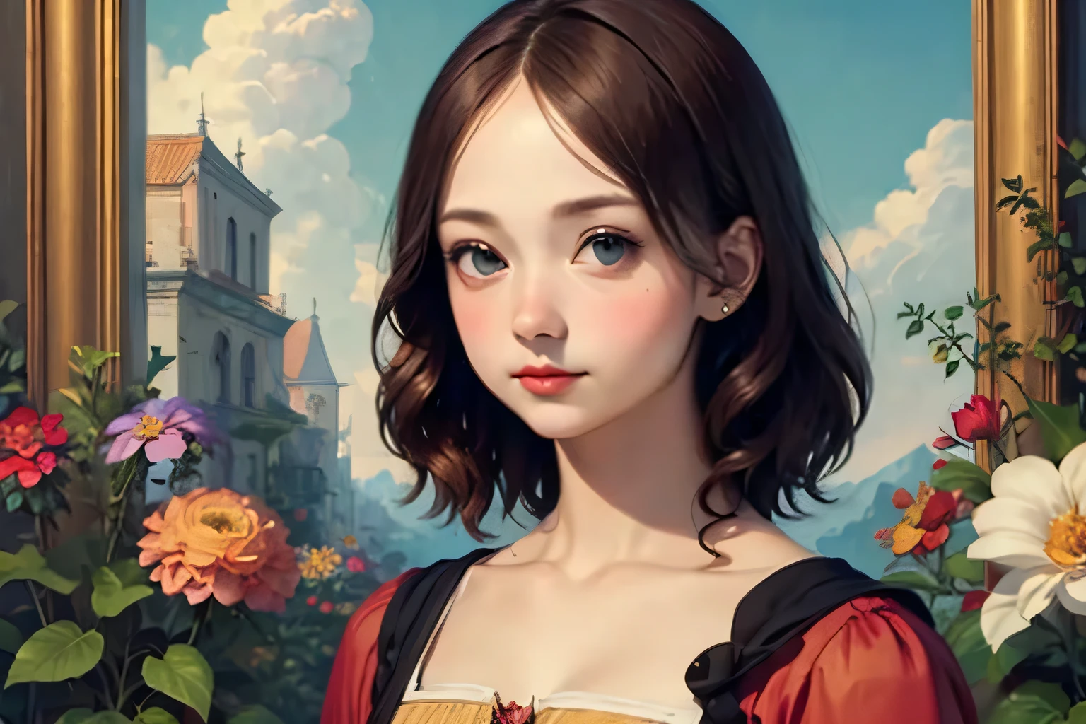 394 ((young woman)),(short hair),(Neat hair),(floral dress),(Leonardo da Vinci style paintings)