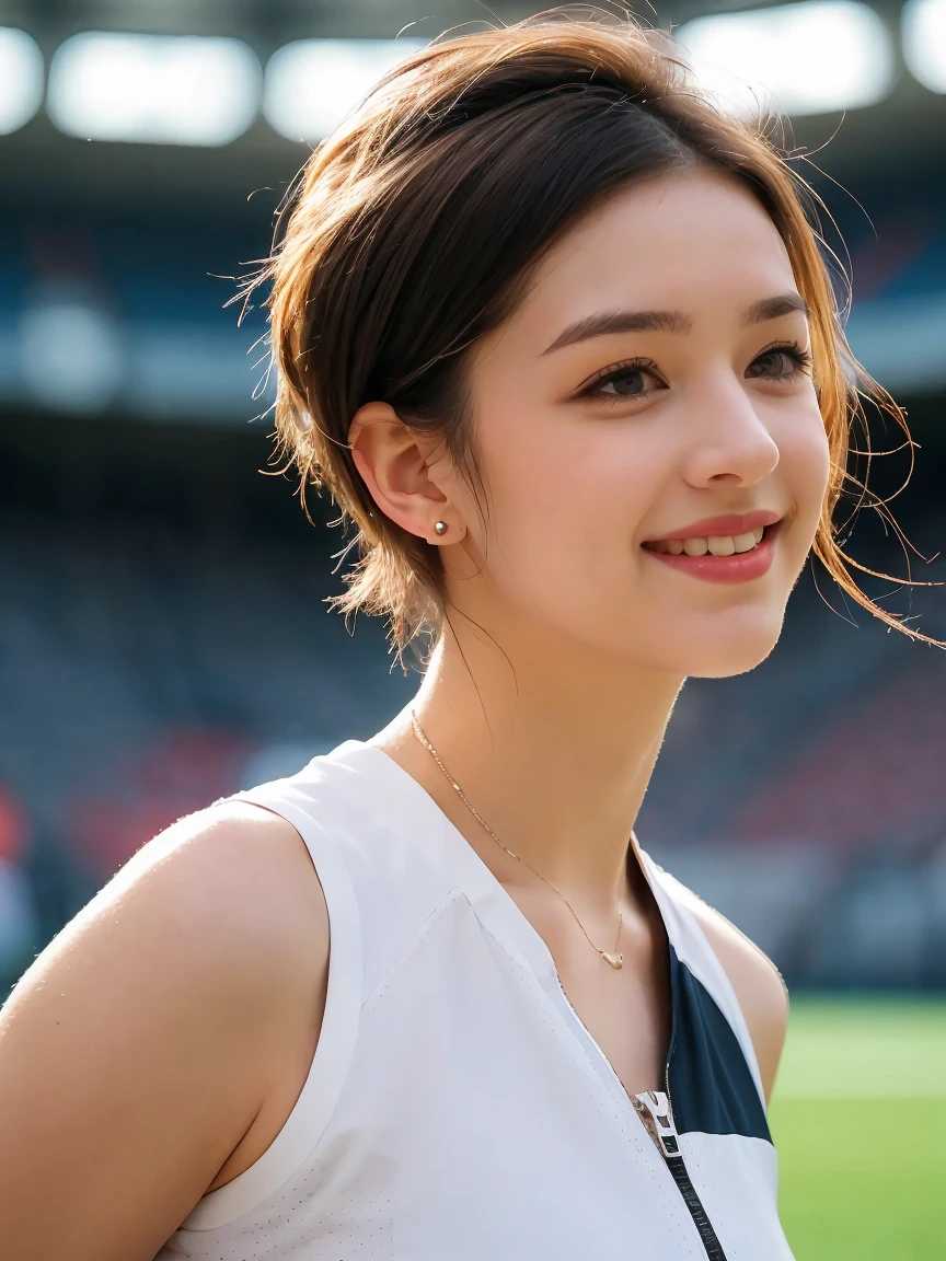 (8k、Raw photo、highest quality、masterpiece:1.2)、(Realistic、Realistic:1.37)、超A high resolution、Photon Mapping、Physically Based Rendering、One wife、(Brunette:1.3)、Detailed face、Detailed eyes、standing、Look at the viewers、(That little smile is cute:1.2)、(happiness)、Soothing and cute、(tennis field:1.2)、(evening:1.2)、、Open Sports Jacket、White tank top、Skort、chest emphasis