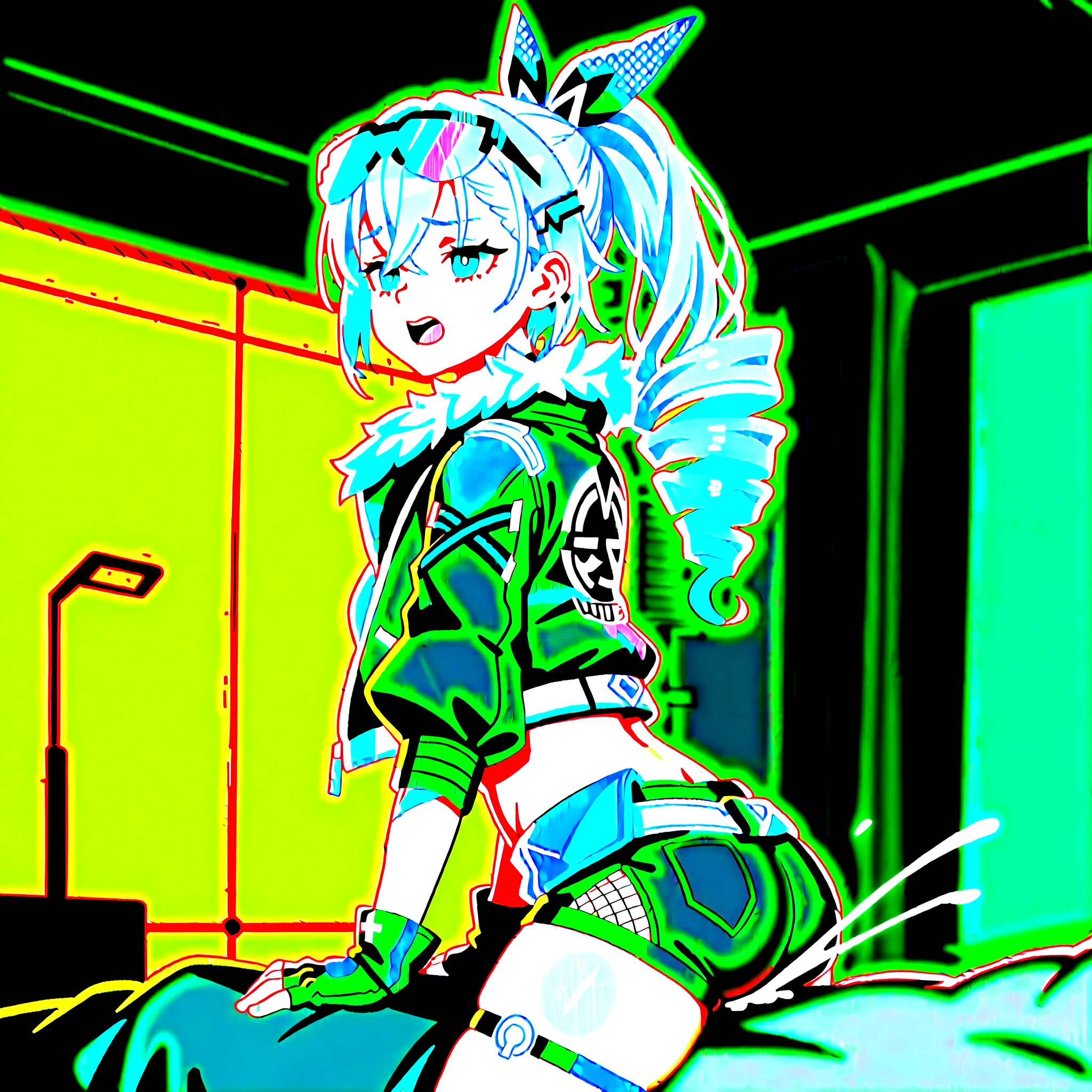 HD, vtuber, Rosedoodle, green hair, cat ears, black open jacket, red top, black strings, cute face, sexy big ass, back view, giant ass