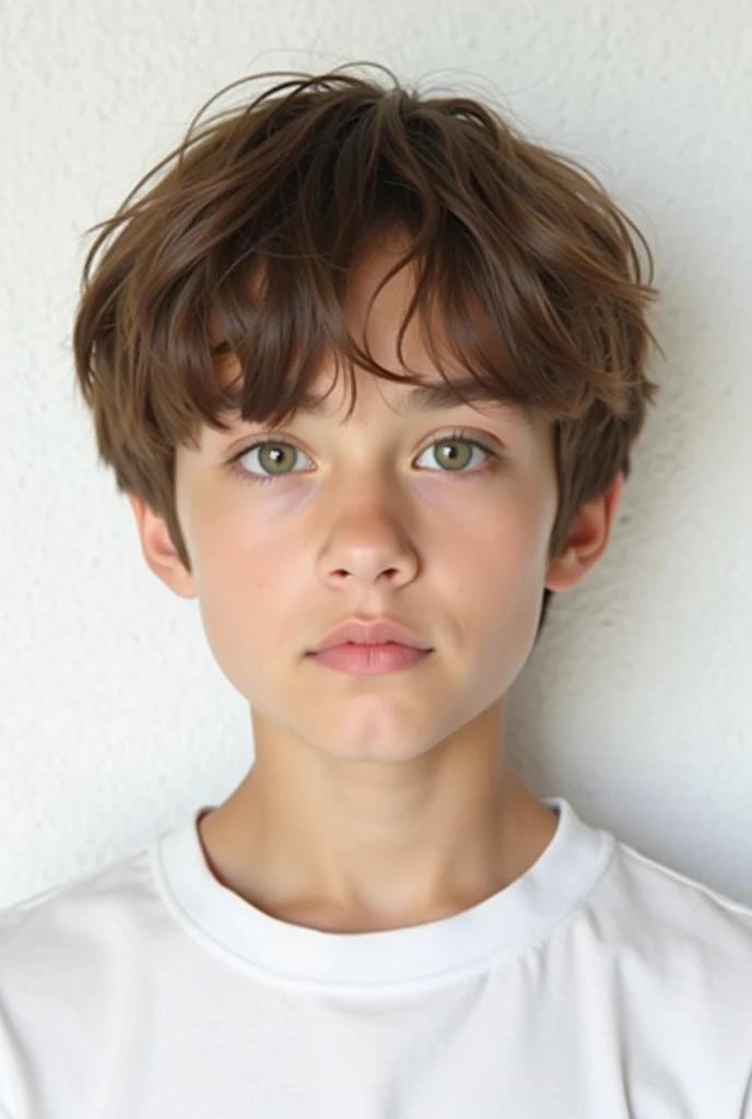 A fourteen year old boy, muy hermoso, piel blanca, rasgos finos, light brown eyes, light brown hair, small slanted eyes, mirada seria, mirada triste, desvestido, en la sala de estar, gafas discretas, desnudo, cuerpo completo