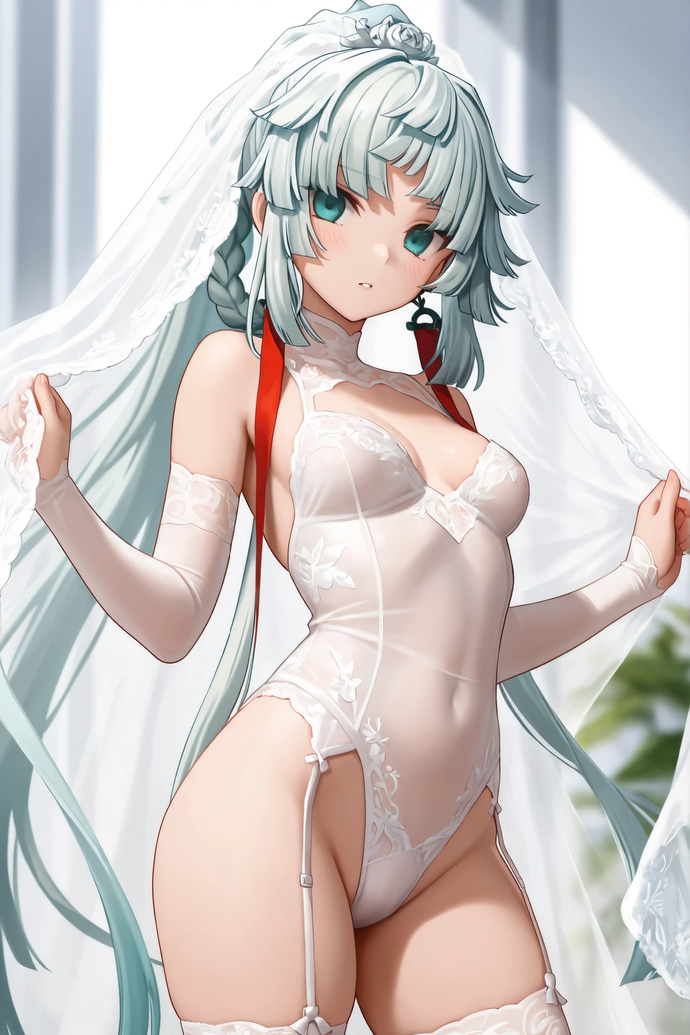((best quality)), ((masterpiece)), (detailed), perfect face, perfect body, 1girl, white short hair, gold eyes, white cat ears on her head, ((lolicon)), ((red-babydoll)), ((see-through)), ((frilly-babydoll)), Seeing the girl front body, the girl in middle of bedroom and windows from hotel show the city in night in background