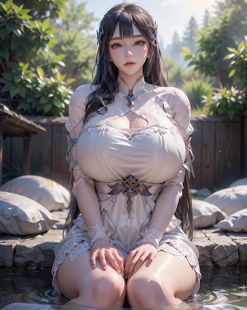 An Idol k-pop girl, (cute face:1), (lewd face:1), braid hair, intricate face details, detailed face, golden ratio face, ((huge breasts:1)), ((large breasts:1)), ((giant breasts:1)), ((big breasts:1)), ((slim waist:1)), ((big butt:1)), ((big hip:1)), ((big thighs:1)), ((thick thighs:1)), ((intricate hands:1)), ((detailled hands:1)), ((intricate feets:1)), ((detailled feets:1)), (polished skin:1,9), (sweaty:1,9), (thicc:1), (erotic:1), (perverted:1), (she is sexually aroused:1), (full body:1), (look at viewer:1), 64K, UHD, HDR, global illumination, (high quality, high detailed, hyper detailed, extremely detailed), photo realistic, ultra realistic, art photo, (clarify the details, detailed parts body), intricate artwork masterpiece, trending on artstation, (soft smile:1), (dark purple eyes:1,9, (light yellow hair:1,9), standing, stone wedding gate, wedding background, light purple wedding dress, sky, trees