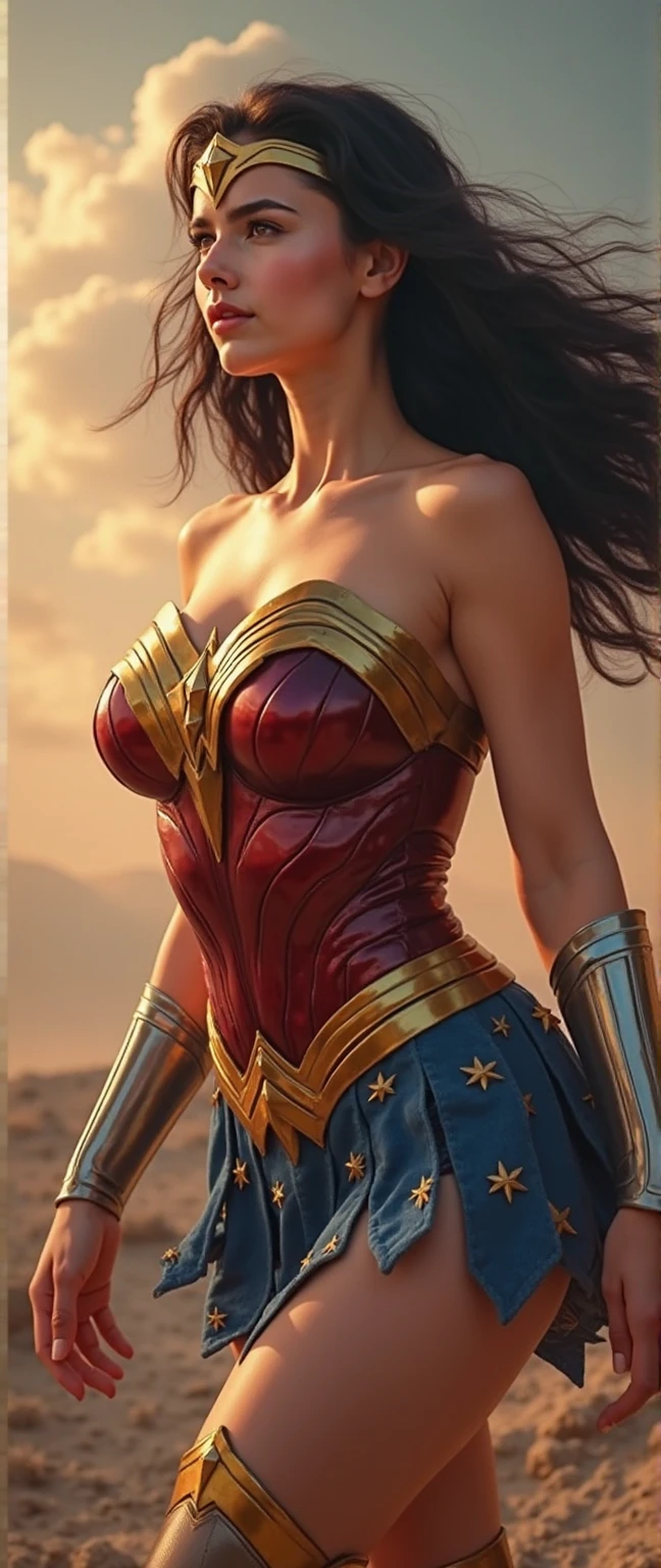 ((realistic) (cinematic) (A beautiful female Turkish superhero , () and (dark brown hair), she wears a (red sleeveless outfit with a star symbol on her chest) (, with gold bracelets and a gold belt) () (White pants) (long red knee boots) 8K UHD () (sexy) ) (middle eastern design) (shirt, magical