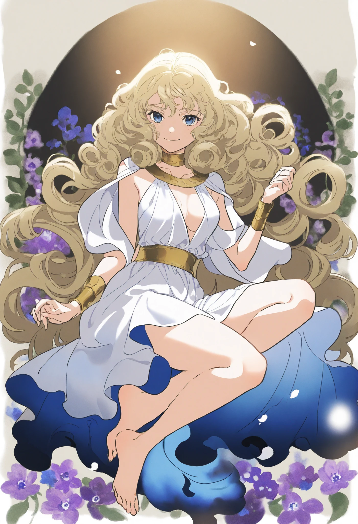 1 girl, blue eyes,White Extra Long Curly Hair,Ancient Greek Style Costumes, don't forget me, flower sea ,Gradient Sea of Flowers Background, Bare Feet ,Smile, from a bird's-eye view,movie lighting
