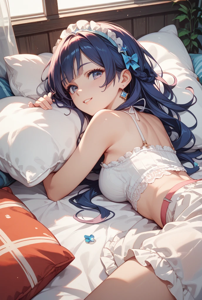 Anime girl lying on bed,Wearing a hat and a blue shirt, seductive anime girls, style of anime4 K, Best anime 4k konachan wallpaper, 4K anime wallpaper, Smooth anime CG art, wallpaper anime blue water, Anime art wallpaper 8 K, Kantai collection style, Anime art wallpaper 4 K, Anime art wallpaper 4k, Anime wallpaper 4 k,A shy expression,Blushlush,There is love in the pupils