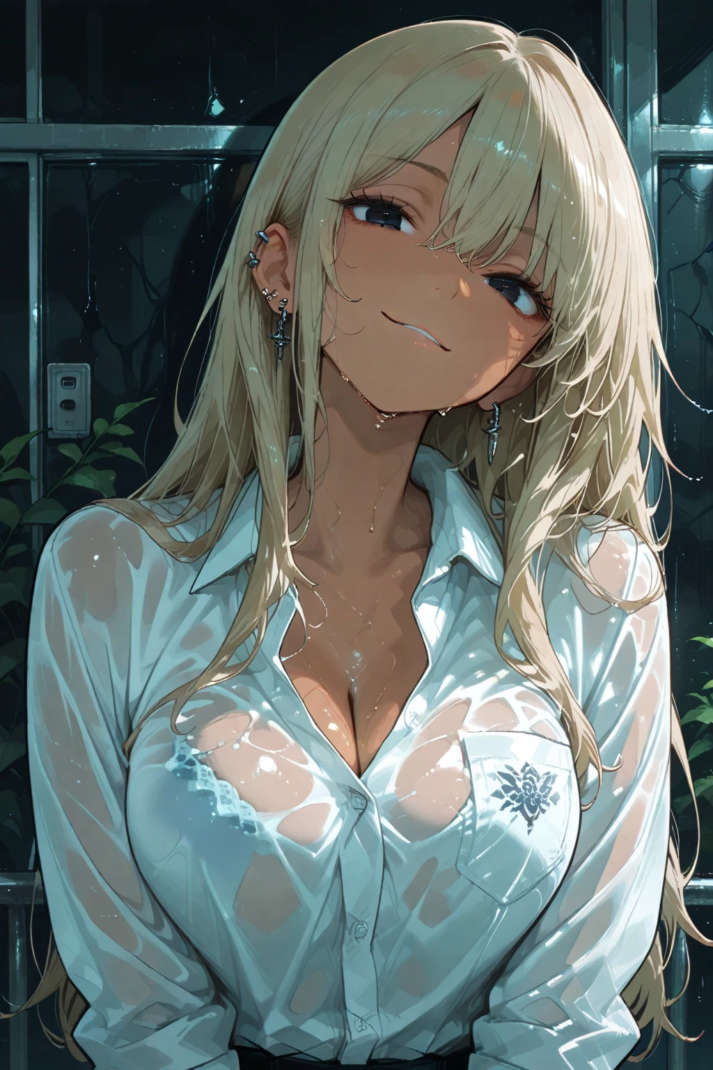 (top quality、masterpiece、very high resolution、Ultra high quality、High quality pixels)、perfect eyes, perfect face, alone，8k, large breasts，(Detailed description of hair), (Detailed description of face),(detailed description of body), Fair and translucent skin, gorgeous, long legs, facing the audience, Professional photography lighting，(Detailed yellow eyeball: 1.2), white hair, Girlfriend style, gentle expression, cowboy shot, (white oversized formal shirt: 1.2), model posture, pantless, (long shirt covering underwear:1.3), girlfriend ssmile, Sit, bed, horse ear, long straight bangs, long straight hair, lying down on the bed