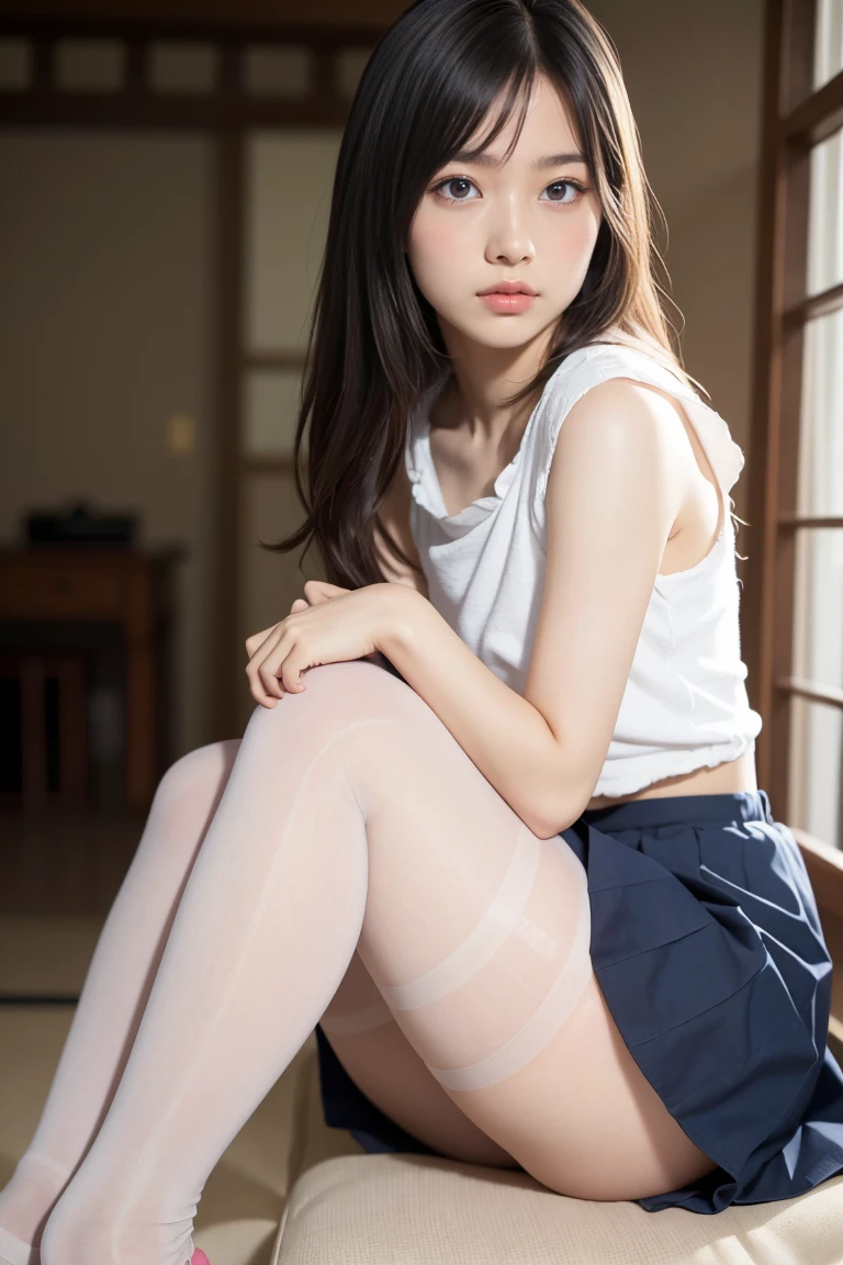 ulzzang-6500-v1.1, (raw photo:1.2), (photorealistic:1.4), beautiful Italian detailed girl, very detailed eyes and face, beautiful detailed eyes, ridiculous, incredibly ridiculous, huge file size, super detailed, high resolution, very detailed, best quality, masterpiece, kemomimi, ((Japanese girls' high school uniform)), illustration, very detailed, CG, unified, 8k wallpaper, amazing, Fine details, masterpiece, best quality, very detailed CG uniform 8k wallpaper, light on face, cinematic lighting, 1girl, 22 years old, ((no panties)), ((dynamic pose))), (camel toe through panties), (half), (pantyhose), (knee-bending leg sitting))