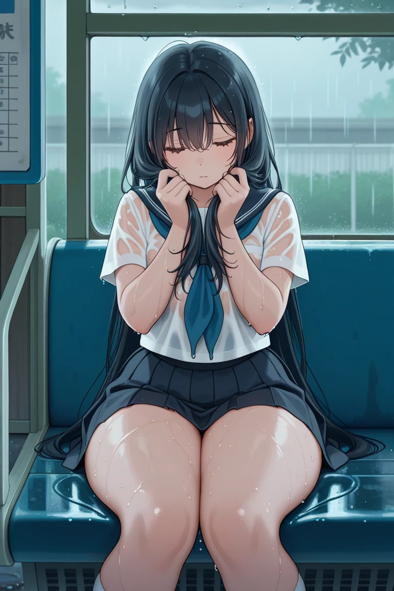 NSFW:1.9. The penis is inserted into the vagina:1.9 High school girl raped on crowded train、Intense sex:1.9 Surprise、Sweat, penis, man's hand:1.3,White underwear:1.3. Molester、Hands touching buttocks:1.9