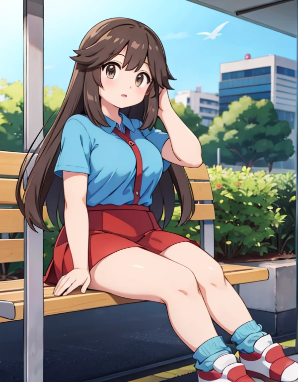 leaf pokemon sitting at a bus stop,focused,looking at a map,long hair,red skirt, blue shirt, brown eyes, loose socks, white footwear, upskirt, body shape, chubby thighs,confused,illustration,having a detailed face and expression,detailed hair,beautiful eyes and lips,daylight,urban landscape,clear sky,vivid colors,well-defined shadows
