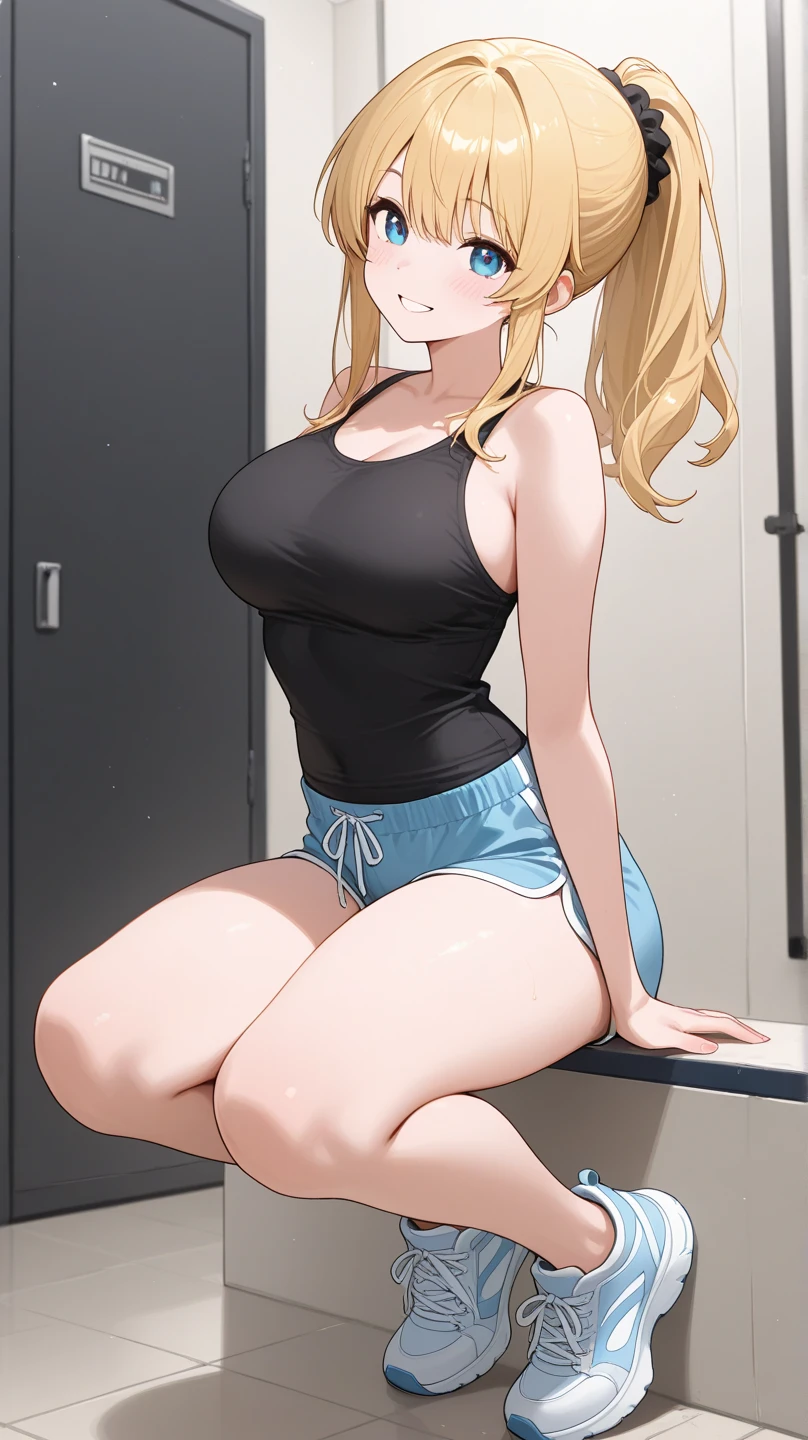 top-quality、realistic touch,high-detail、photoRealstic、thin-waist、captive beauty、big eye、solid platinum-blonde eyelashes、platinum-blonde、full body Esbian、Sparkling eyes, cheeks flushed、thin-waist、In the classroom of  the school、She is in estrus、cocky expression、Super short skirt with V-line visible、Sleeveless、Navel look、small tits、Ponytail hair style、sexy gym clothes that is extremely short in length、Colossal tits、big butts、Angle from below、Big breasts visible between uniform and stomach、sexy  pose、Clothes that are thin and see-through、Embarrassed look
