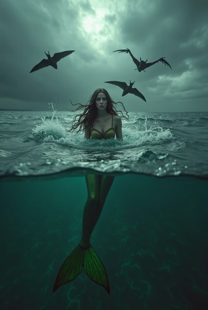 best quality,4k,8k,highres,masterpiece:1.2,ultra-detailed,photorealistic,advertising poster,mermaid,storm,monochromatic,harrowing,contrasting colors,dynamic lighting,water reflections,striking composition,dramatic atmosphere,mysterious concept