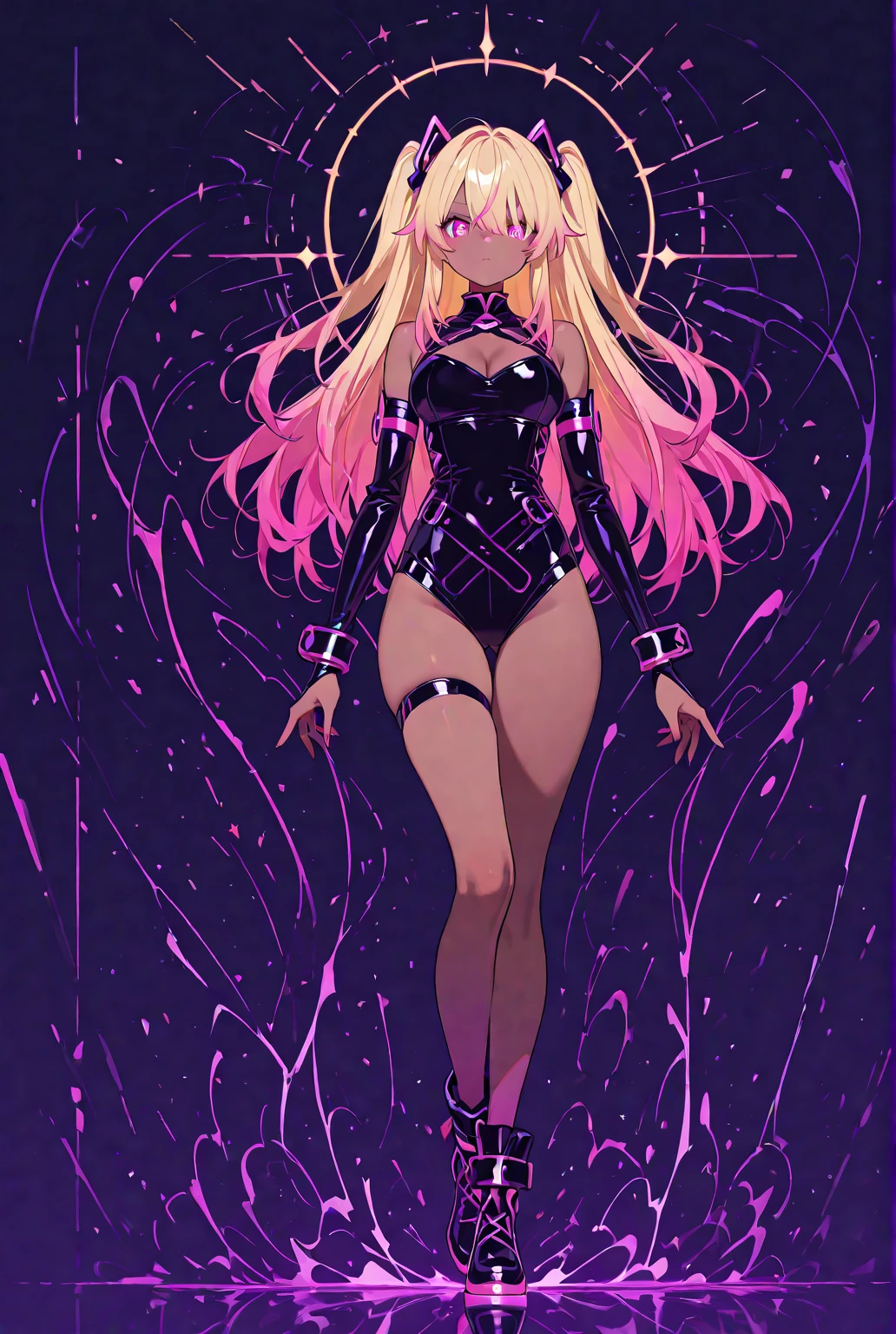 Black female with blonde hair, has pink highlights, wearing tight sexy clothing, cleavage, wearing thigh high boots, flowing hair highlighted hair, wearing makeup, is a pop star