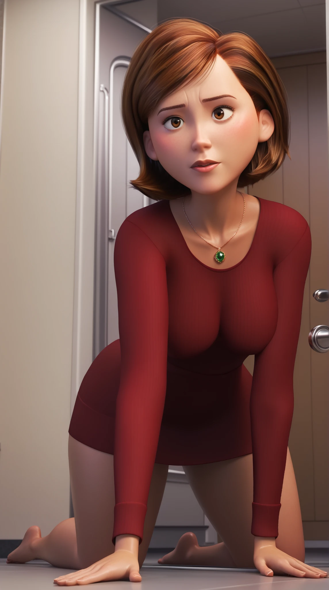 masterpiece, 1girl, (helenparr), (detailed brown eyes), shy, (surprise expression-:o), looking at viewer, detailed face, short hair BREAK ((short sweater dress, red sweater dress, tight sweater)), covered body, sfw image, small breasts BREAK (thick legs, thin waist, large wide hips), chubby girl, curvy, (hidden arms behind) BREAK (((Christmas present above your legs))) BREAK looking at viewer, happy, above view BREAK bed, sitting on bed, christmas living room, big christmas tree, blur_background