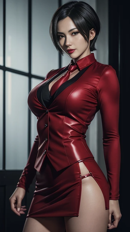 (ultra-detailed, photorealistic, best quality, 4k, 8k, highres, masterpiece:1.3), (a stunning and charismatic 50-year-old woman), (milf), ((mature woman allure)), flowing red hair that is meticulously styled, and striking green eyes that captivate attention, Her hourglass body is impeccably toned, slender fit and well-defined curves, (wearing red blazer jacket and matching color pants), black lace bra, squishing cleavages, lace stocking, Christian Louboutin high heels, She stands confidently in a lavish, modern penthouse setting with floor-to-ceiling windows offering a view of the cityscape, Her expression is a blend of warmth and sophistication, with a touch of playful charm, The scene captures her poised stance and commanding presence, emphasizing her beauty and elegance, (intricate detail, super finely detailed hands, ultra finely detailed fingers, full body showcase, show full body:1.3),