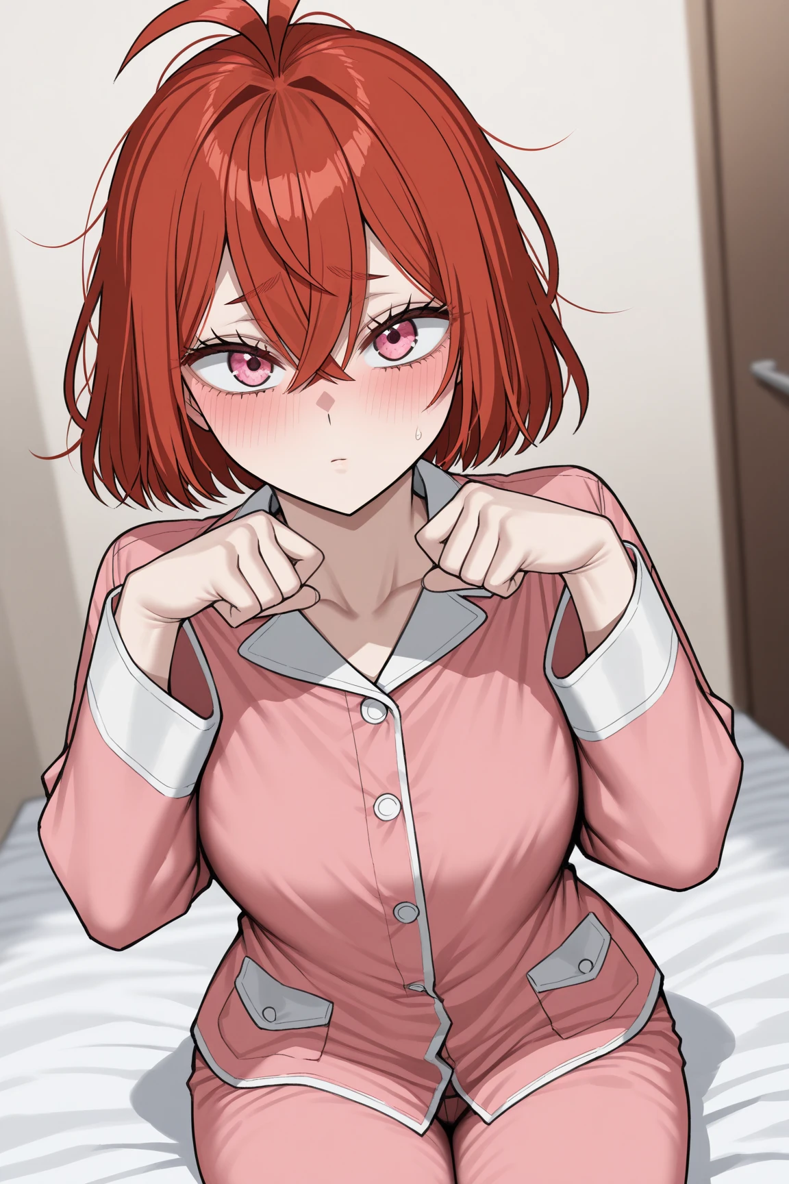 1girl, short red hair, pink eyes, wearing white shirt, sitting on bed, lot of saliva, tongue out, big breasts