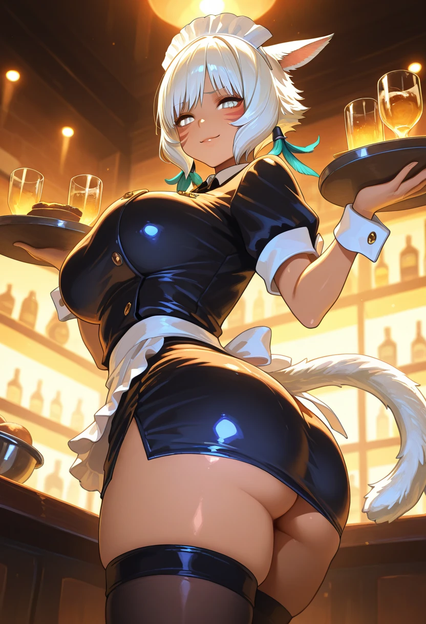 Best quality, massive breasts, massive ass, very curvy, dark brown skin, long blond hair, yellow eyes, slutty, gyaru, full lips, seductive, embarrassing, embarrassed, hot, sweating, sweaty, slight tan, big , tan skin, flustered, blush, buny suit, white bunny suit, blonde hair, white bunny suit , ponytail, bunny girl, black suit, fishnet stockings, hot, in bar, plump, fishnet stocking, club,white playbunny, embarrassed beet red cheeks, liquor, bar, beer, blonde hair, brown skin, dark skin,