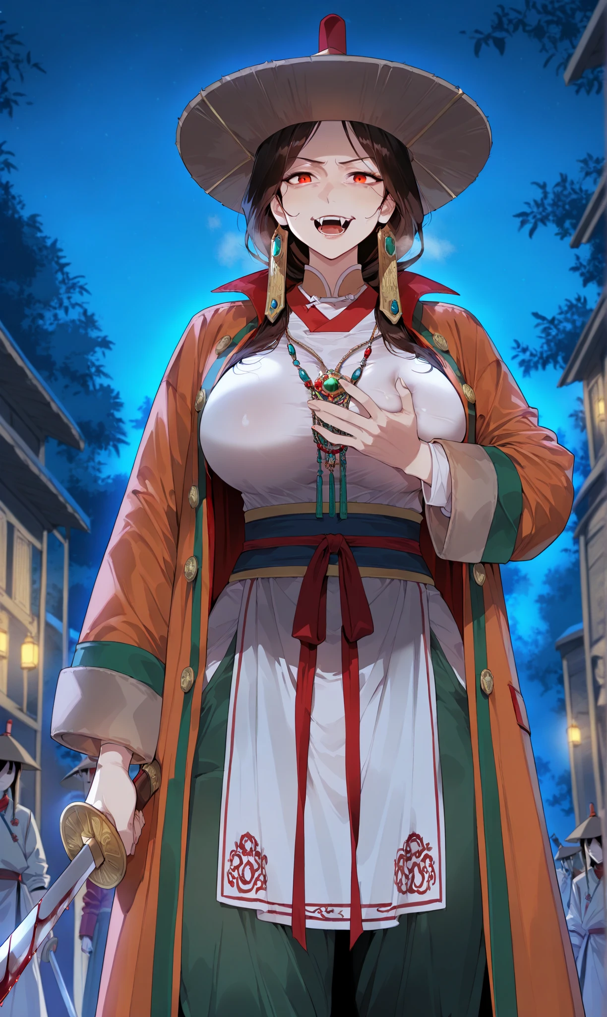 score_9, score_8_up, score_7_up, source_anime, mongolian clothes style, (large breasts),   1girl,    outdoors, night, holding blood scimitar, covered in blood, milf, mature, mongolian clothes, mongol warrior, standing,  mongolian coat, mongolian pants, mongolian hat, vampire, anda, fangs, 