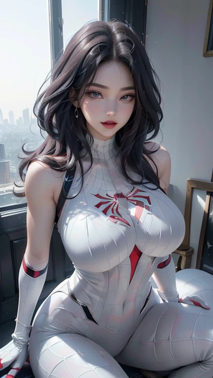 (CG Unity 8K wallpaper in extreme detail,tmasterpiece,Highest image quality),(Delicate light and shadow,The picture is highly dramatic,Cinematic lens effect),White Spider-Man Costume,From the Spider-Man parallel universe,Wenger,Marvel,Spidey,(Exceptional detail,(Excellent rendering,Enough to stand out from the crowd),The focus is on the white Spider-Man costume,Complex spider textures