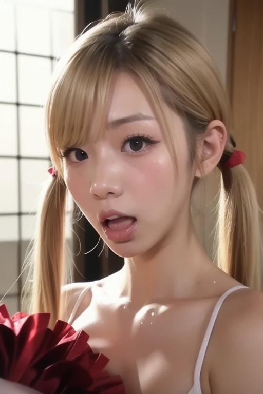 masterpiece, ,(solo:1.1), perfect face, (bright lighting:1.2),beautiful detailed eyes, extremely detailed face, perfect lighting,masterpiece, best quality,Japanese girl,20yo female,blonde medium twin braids hair with blunt bangs,(tan skin:1.3),(gyaru:1.3), looking at viewer,(completely nude:1.3),(small breasts),(blushing:1.5),(teary eyes),bedroom,(cum on body),handjob, (holding a big dick in her hand giving a man's dick a handjob), breast covered in cum, (pov handjob, handjob, hetero, 1man, 1girl, solo focus),(taking a cumshot on her face, cum string, , cum on face, cumshot),Bukkake,excessive cum,cum on face,bukkake, cum, facial,