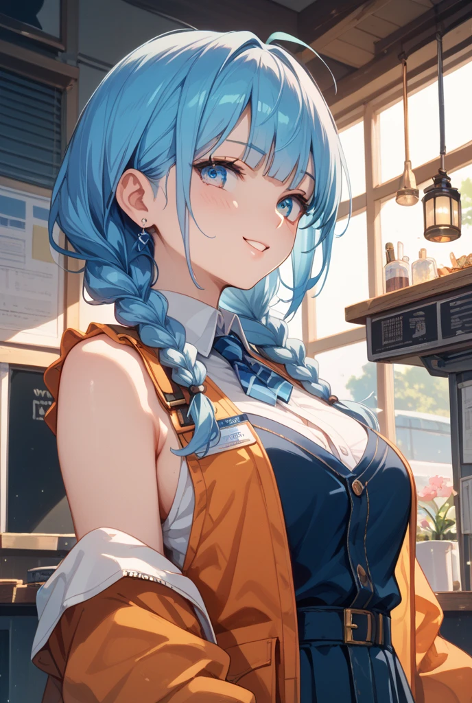 Anime Moe Art Style,Highest quality,High resolution,Anatomically correct,One Girl,Mid-teens,A girl with light blue hair in a ponytail,Super detailed,Fantasy World,Big Breasts,Shiny skin,Beautiful Skin,A rich expression,Laughing with your mouth open,Coffee shop,Waitress Uniform,Serving,Eyes drawn in detail,hair ornaments,necklace,bracelet,ring,8K