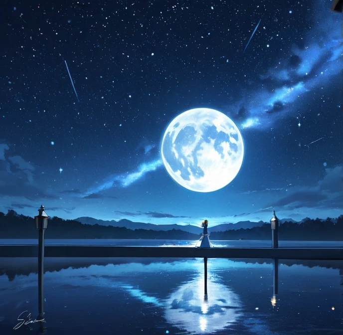 「Super Blue Moon in the Mysterious Night Sky」 A magical night sky、A big shining super blue moon is a star々Peek out from between。Twinkling stars around the moon々and elegant clouds spread、The sky is tinted a deep blue。Moonlight reflected on the surface of the water、Above the lake is the silhouette of Pisces。A thin mist rises from the depths of the mysterious forest、Mysterious creatures are appearing。This night、Draw a scene where the energy of the universe glows like magic、Fantastic lighting、Lightworks、