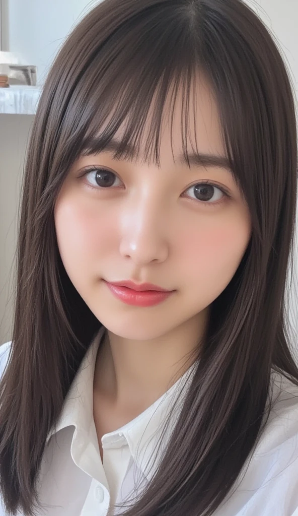 masterpiece、highest quality、16k、RAW Photos、Very detailed、Ultra-high resolution、Ultra-high resolution，Written boundary depth、Very detailed、Bedroom、dim、Cinema Lighting、Professional Lighting、Pale shading、Low contrast、Japanese、beautiful girl、Smooth, Silky skin、Clear white skin、）、(Smooth and beautiful thighs:1.6）、Big Breasts、Beautiful and beautiful eyes、（Droopy eyes）、Long eyelashes、Transparent double eyelids、Tear bags、（Thin eyebrows:1.0）、（Thin lips:1.0）、Natural Makeup、Natural color lip、A smile that makes people happy、(Floating Hair、Messy Hair、Long Wavy Hair、High Ponytail),(The bangs are see-through)、White hoodie、Long Skirt、Head to thigh photo