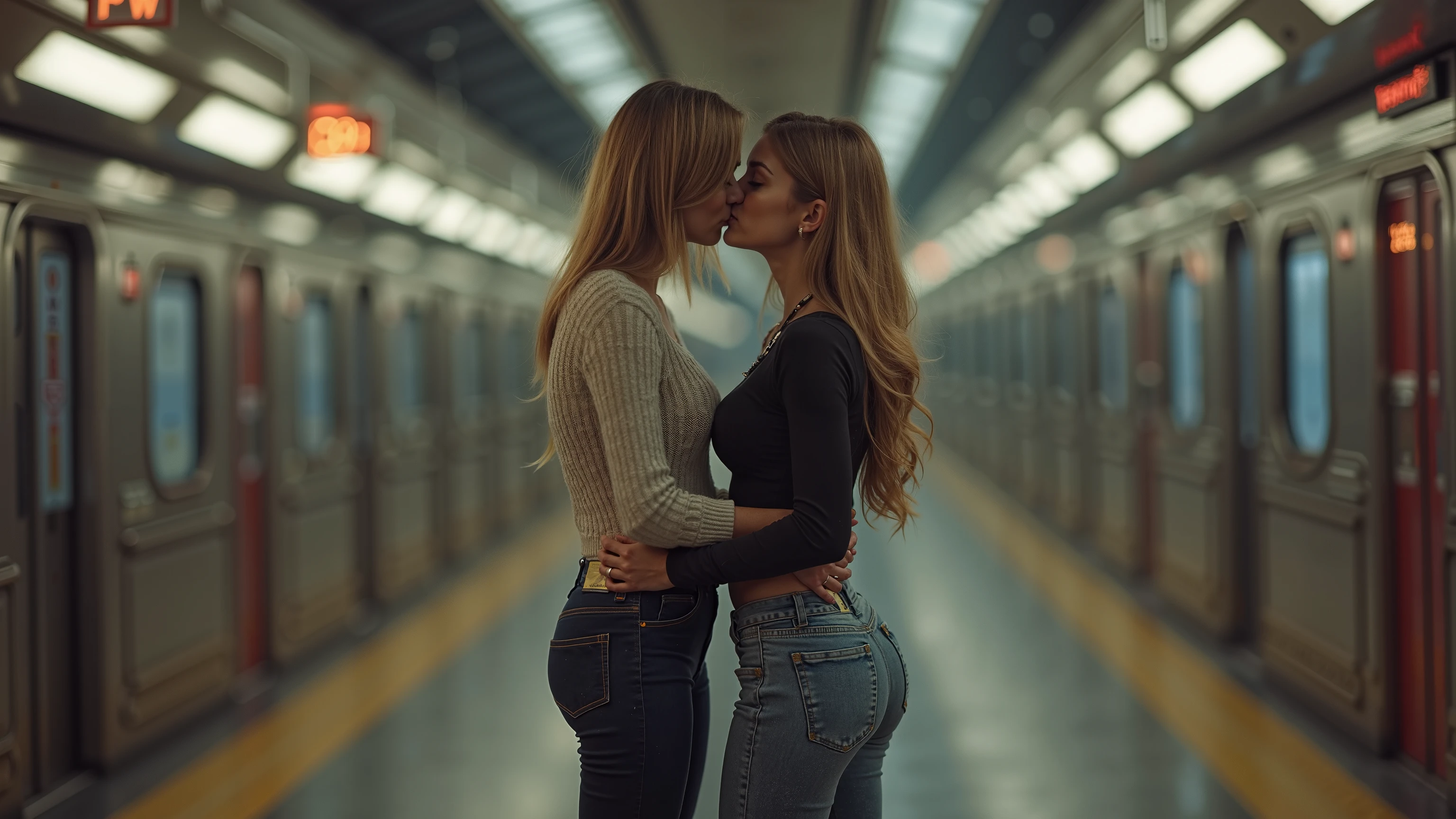 Two gorgeous blonde girls、Public place,Two people who are indiscriminately horny,Wearing a T-shirt that accentuates the body line,Lesbian couple,Homosexuals,Big Ass,The thong is digging into the groove of the buttocks,Kissing intensely,They are hugging each other,A passionate kiss in the street without worrying about what other people think,Sticking out tongue,