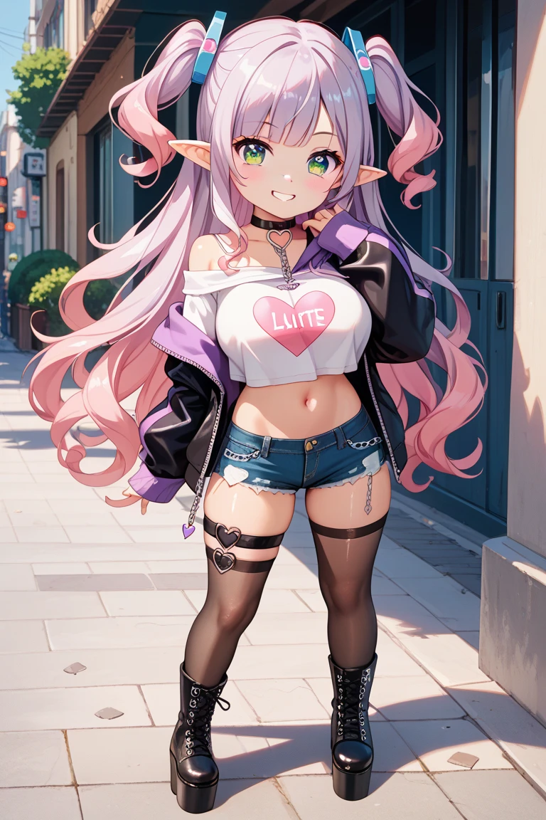b best quality, (masterpiece),(ultra-detailed), (high quality), (high resolution), (2heads:1.5), ((black hair)), ((pink hair)), ((different hair colors)), large breasts, shorts , full body,best quality:1.5, highres, UHD, 4K), medieval outfit, smiling, ((crop top)), wearing sandals, medieval castle background, ((full body)), ((seductive pose)), ((detailed eyes)), (mature woman), exposed midriff, (giant woman)