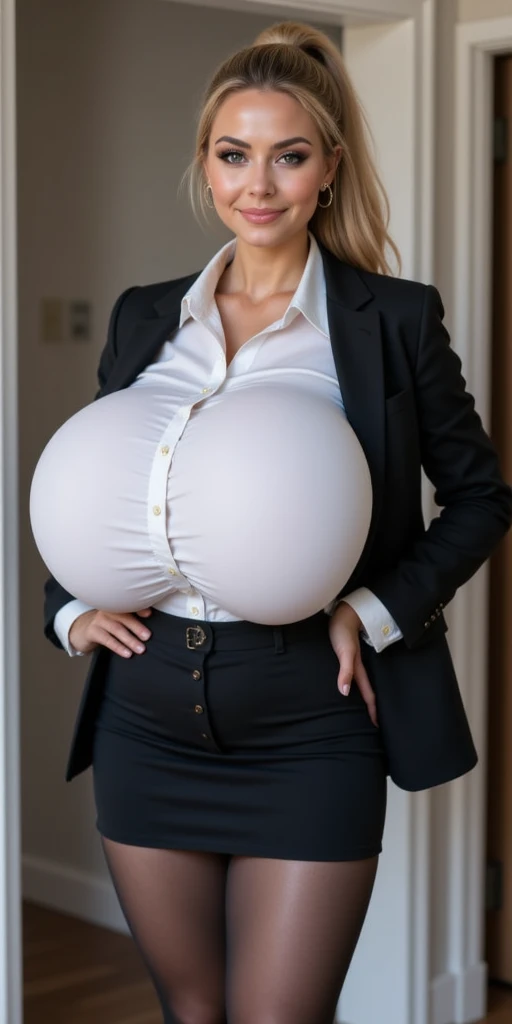1girl, 18 year old, ((((Super huge enormously gigantic tits, cleavage showing)))) bobcut blonde hair, glasses, skirt and shirt, (black pantyhose:1.2), sitting on desk, bent at the knees、Opening legs、showing no panties (cameltoe:1.5) business clothes, In the office, wearing a suit and glasses, Fully dressed, business outfit, 32k, UHD, (looking at viewer:1.3), hyper detailed hair, hyper detailed face
