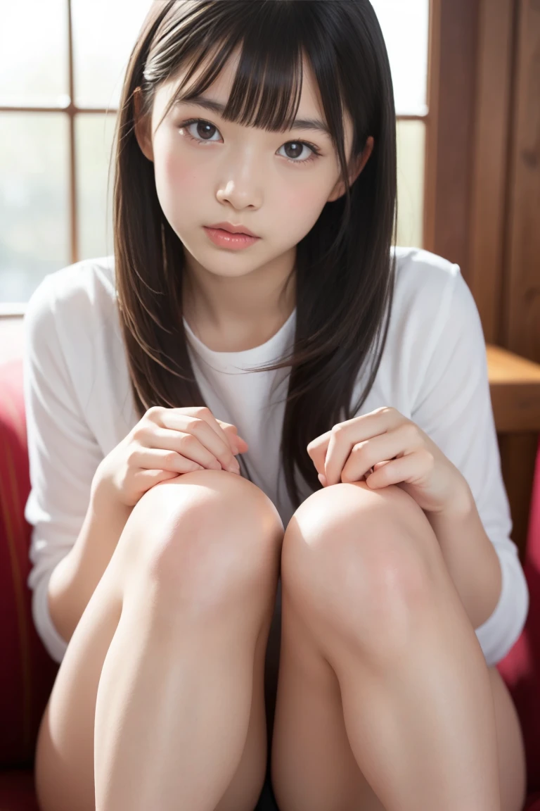 An ultra-high picture quality、Perfect Photo、Beautiful Japan girl at 14 years old、 middle school girl、Black Haired Beautiful Girl、((((((Stand on both knees)))))、((((sitting with knees arised))))、((The shirt))、(((Black pleated mini skirt)))、(sit on sofa)、(It hurts a lot)、(((White panties are visible)))、(Slightly open mouth)、(I can see a little bit of underwear)、kne、ankle、weak gaze、(((lazy look)))、white sock、