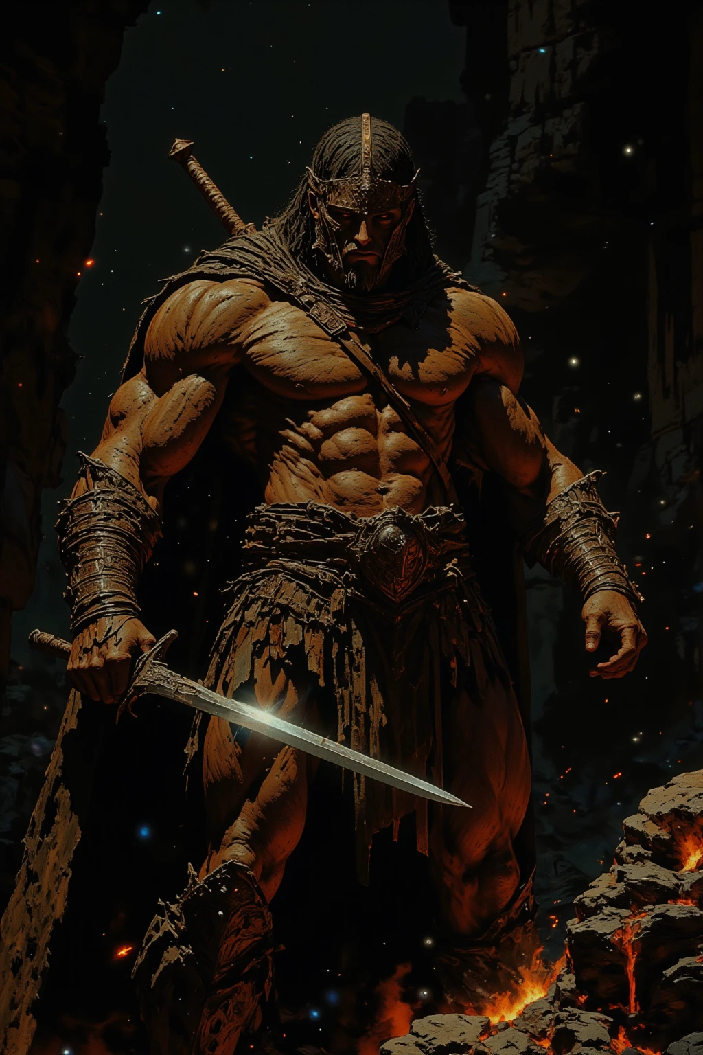 Create a black male character, resembling the dreadlocked berserk guts of the goliath race of d&D holding a longsword