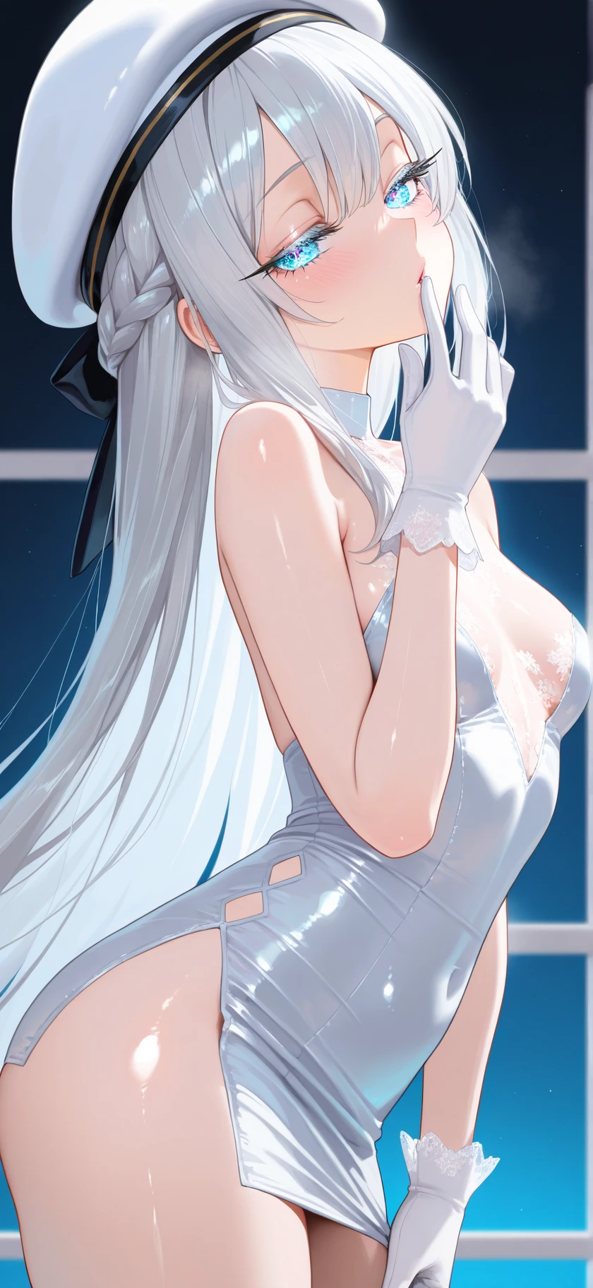 anime girl，long white hair，wearing a bow tie，Lying in bed, fine details. girls frontline, from girls frontline, Azure Lane style, seductive anime girl, From《Azur route》video game, 《Azur route》role in, white cat girl, , girls frontline cg, Double ponytail white_Gloves,  wearing clothes