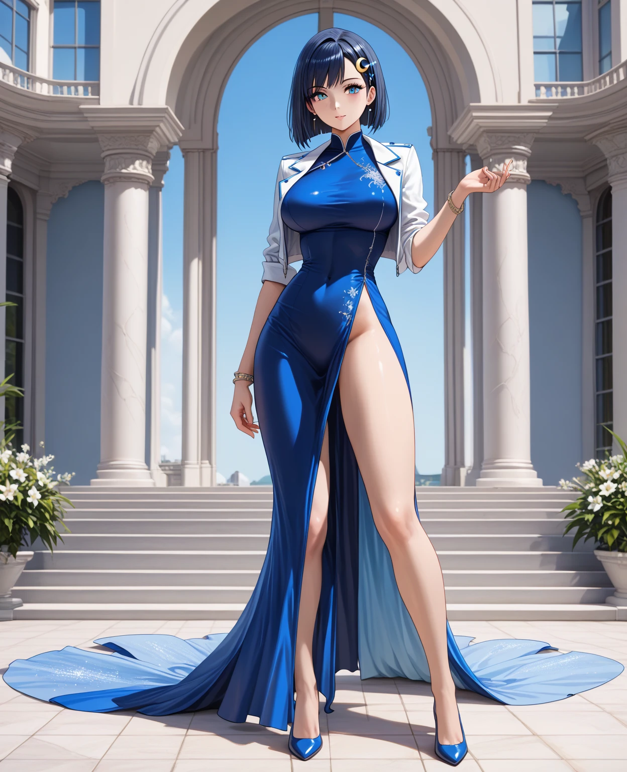 (shylily/(Twich/):1.5),(masterpiece:1.2),(best quality:1.2),High School Classroom, Tempting, Sexy pose, Smile, blush, appearance, During the day, Simple background, Short hair details, Sky, Looking at the audience, stairs, Monte, Melancholy Lights,High-definition quality, charming, Smile, blush, White cheongsam, Bare legs, middle round breasts, Fashion model posing, Professional artwork, Complex details, Clear focus, detail, Realistic shadows, Show off your slender figure and beautiful curves,