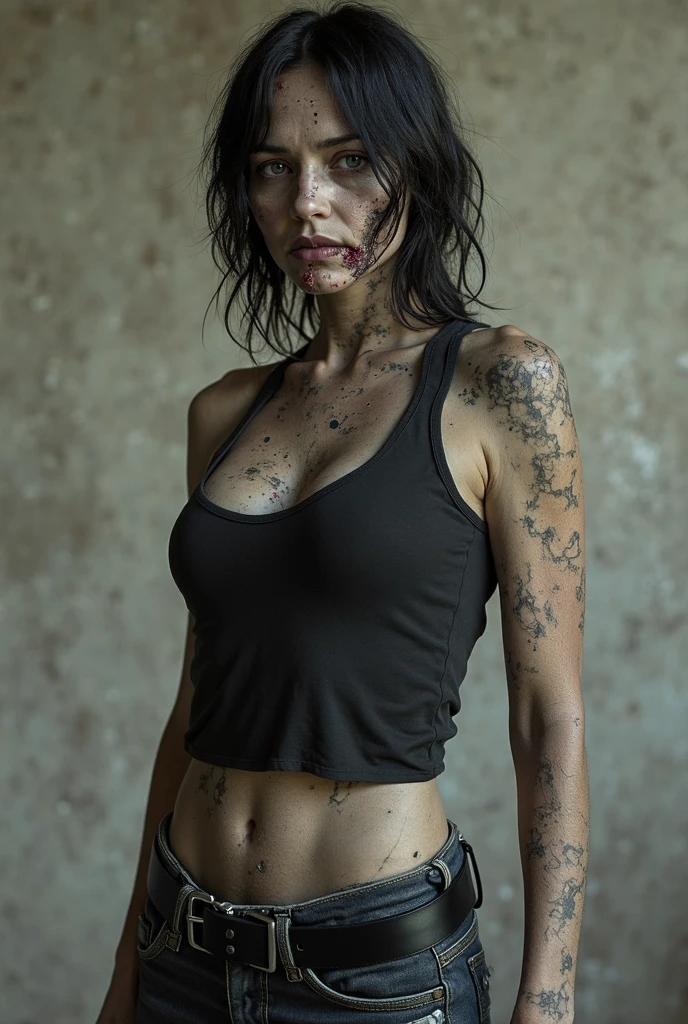 seductive punk goth girl, latex jacket, latex shorts, Choker, wet thin tank top, pink and white hair, Long bangs, pigtails, black lips, pouty lips, Medium GRD, Athletic body, athletic toned butt, Girl from Europe, lots of tattoos, Not a model, Street , Dark atmosphere, The skin is shiny with sweat, Gloomy room, twilight, Chokes, Kneeling;, pain, astonishment, red fluid, leakage from the mouth, Camera from above, A girl's look from her forehead, choking on red water, Hiccup, Kneeling, Tired,A girl's look from her forehead, choking on red water,blood from the mouth, Hiccups